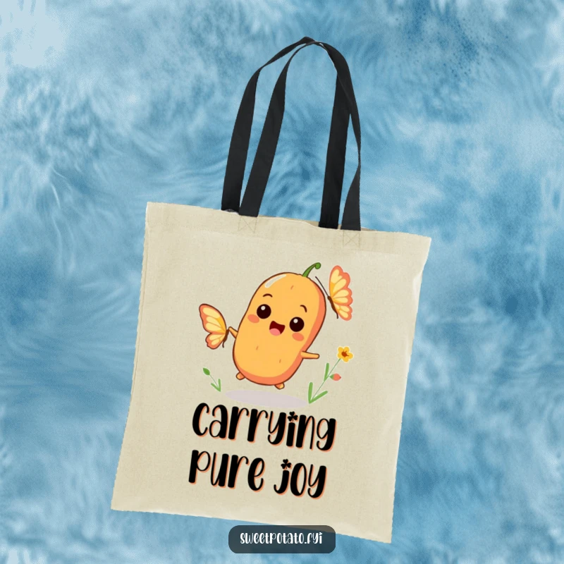 Funny tote bag featuring a playful sweet potato character chasing a butterfly with a big smile, ideal for carrying items joyfully.