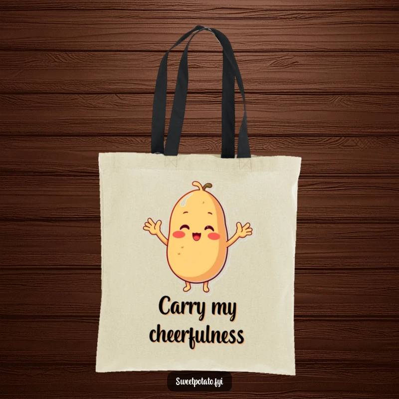 Funny tote bag featuring a delightful sweet potato character with small arms, enthusiastically cheering and ready for action.