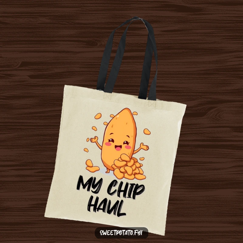 Funny sweet potato character beaming with pride while holding a giant pile of sweet potato chips, a stylish tote bag.