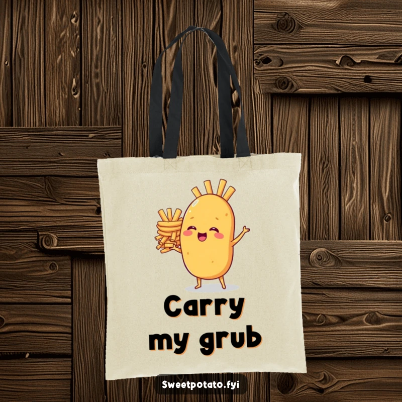 Funny tote bag: A sweet potato character giggles while balancing a massive stack of golden french fries, showcasing impressive food stability.