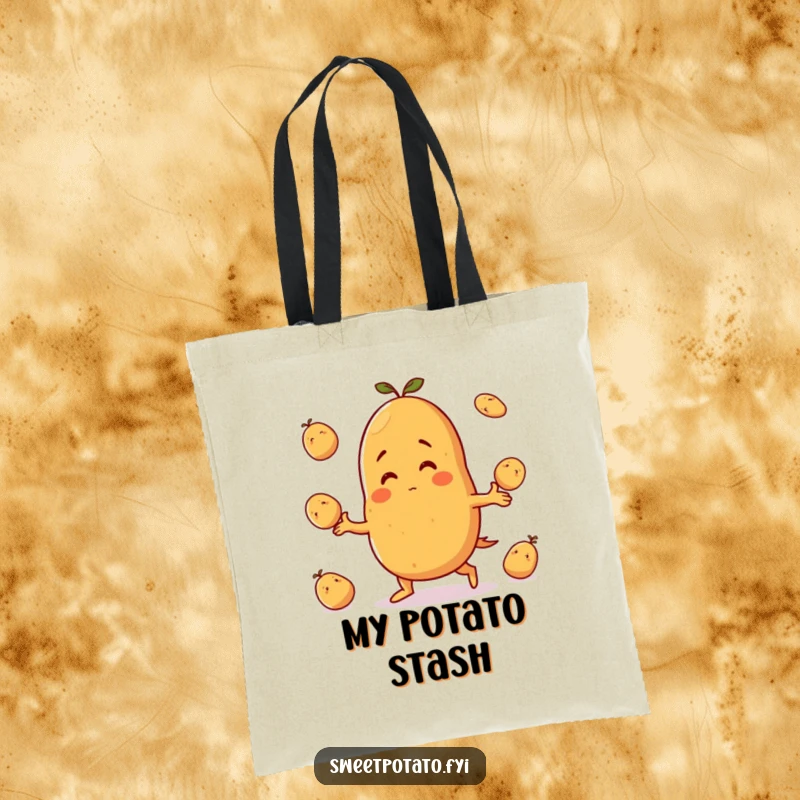 Funny tote bag: A sweet potato character grins broadly while expertly juggling small potatoes, demonstrating playful skill and charm.
