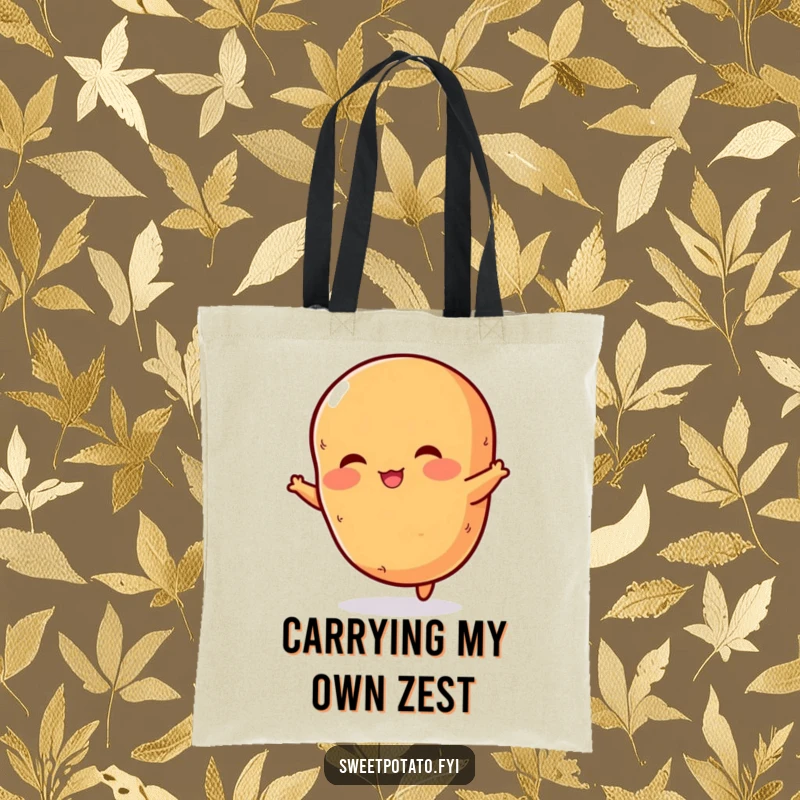 Funny tote bag featuring a rosy-cheeked sweet potato in a dynamic jump, perfect for carrying groceries with potato-themed cheer.
