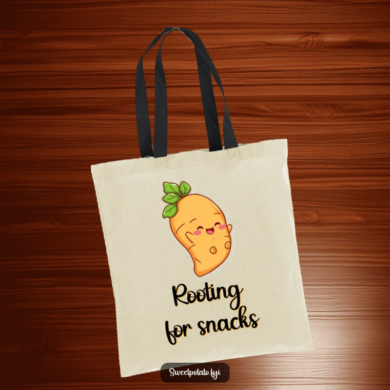Funny tote bag with a delighted sweet potato character joyfully sliding down a root, perfect for everyday laughs.
