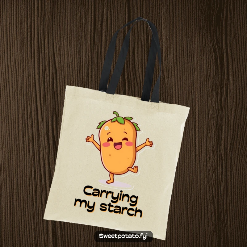 Funny sweet potato tote bag showing a determined character with tiny arms attempting a cartwheel, great for carrying humor.