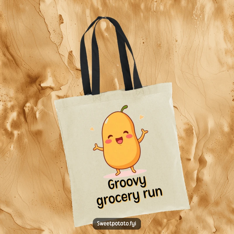 Funny tote bag featuring a sweet potato character doing a happy dance, perfect for carrying essentials with cheerful energy.