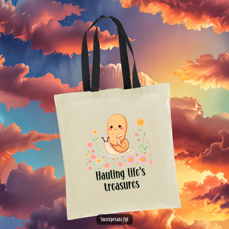Funny sweet potato character tote bag, riding a tiny, happy snail through a field of flowers, perfect for carrying essentials peacefully.