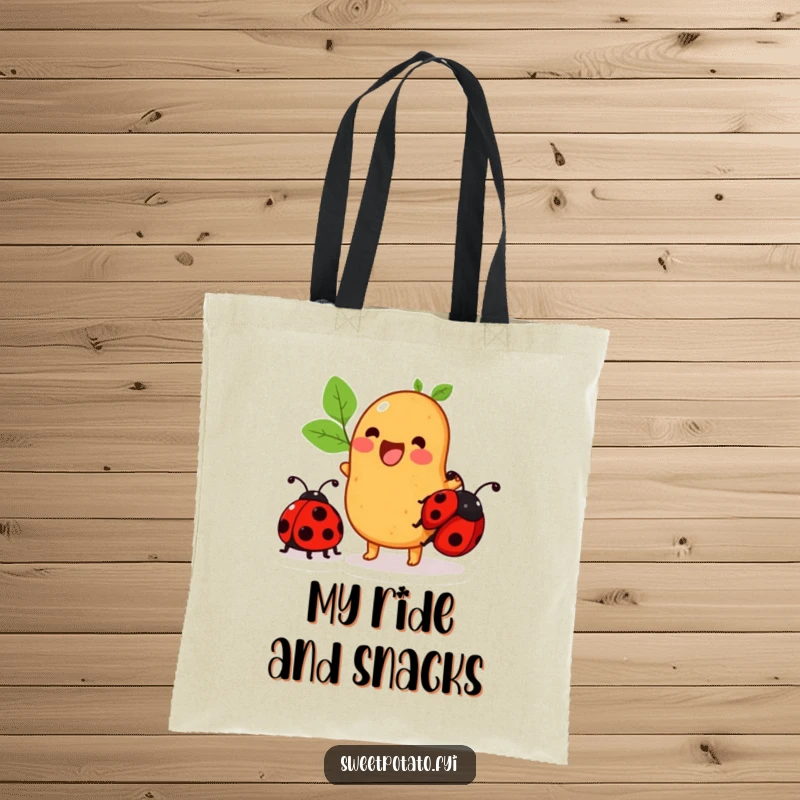 Funny sweet potato tote bag showing a character excitedly trying to ride a ladybug, great for carrying humor.
