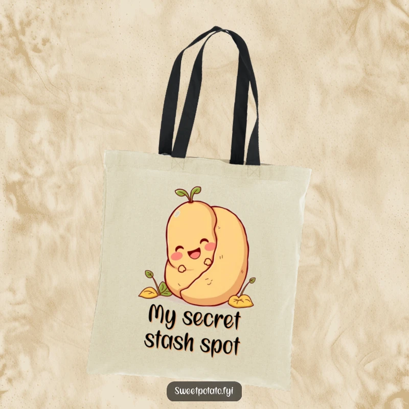 Funny sweet potato character playing hide-and-seek behind a large potato, a humorous and practical tote bag.
