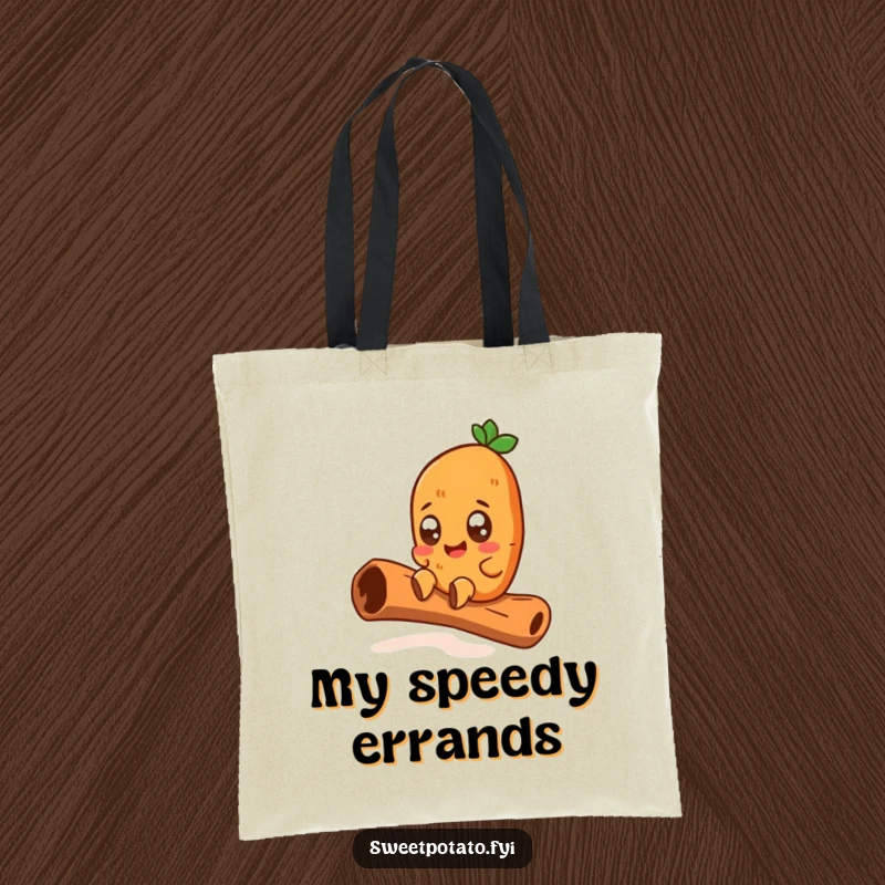Funny tote bag featuring a wide-eyed sweet potato character joyfully sliding down a giant cinnamon stick, perfect for carrying essentials and excitement.