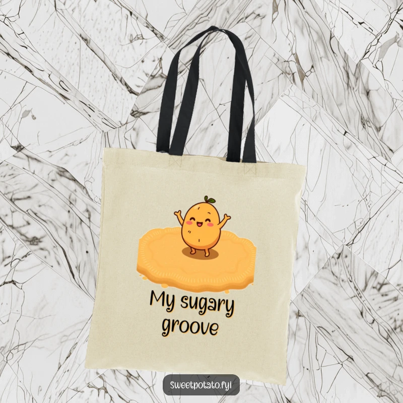 Funny sweet potato character doing a happy little dance on a bed of brown sugar, a fun and practical tote bag.