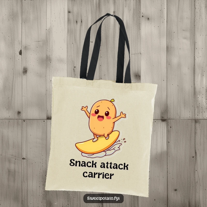 Funny tote bag: A sweet potato character skillfully surfs on a huge potato chip, showcasing an adventurous spirit and a love for crunchy treats.